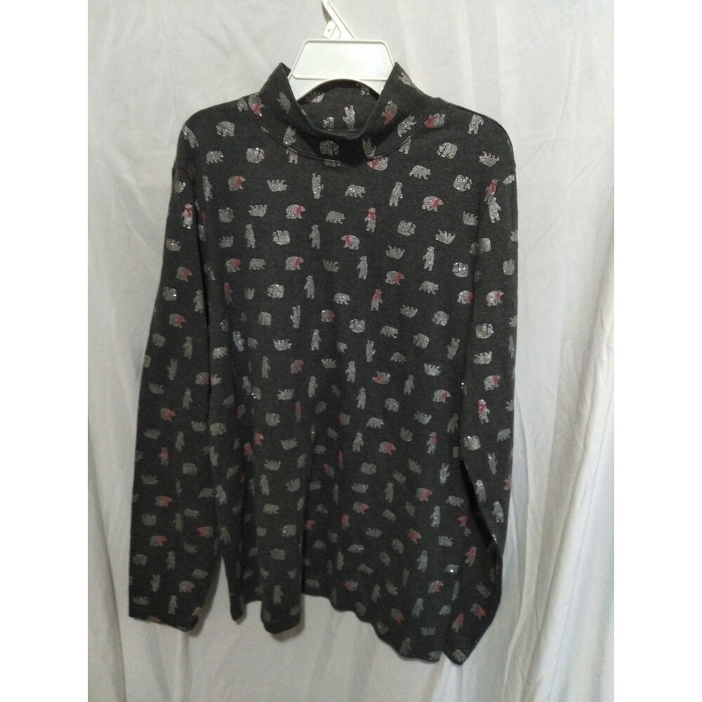 Karen Scott Women's Size Large Shirt Longsleeve Polar Bears Red Scarves Gray
